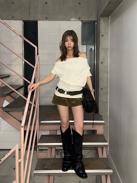 「SLY（スライ）のWESTERN STUDS BELT ウエスタンスタッズベルト（ベルト、ブラウン系）」を使った、　湊有里紗さん（レディース・152cm）の夏コーディネート
