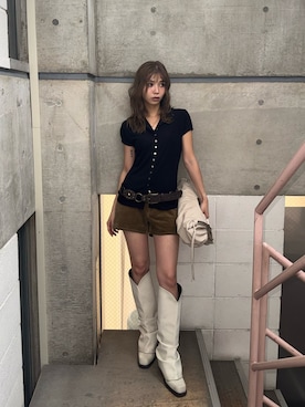 「SLY（スライ）のWESTERN STUDS BELT ウエスタンスタッズベルト（ベルト、ブラウン系）」を使った、　湊有里紗さん（レディース・152cm）の夏コーディネート