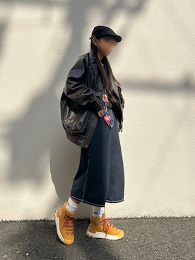 「アイテム（ライダースジャケット）」を使った、みみさん（レディース・155cm）の秋コーディネート