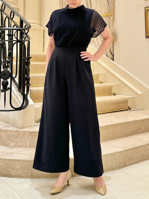 Jolie et パンツドレス スタンドカラーレースオールインワン