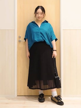 「SHOO・LA・RUE（シューラルー）の【洗える/S-LL/5分袖】1枚でも羽織としても。さらさらドレープシャツ（シャツ/ブラウス、グリーン系）」を使った、みみさん（レディース・158cm）の夏コーディネート