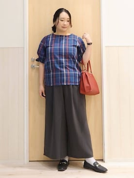 「DRESKIP（ドレスキップ）の【S-LL/5分袖】お袖タックできれいに魅せる 大人のチェックブラウス（シャツ/ブラウス、ブルー系）」を使った、みみさん（レディース・158cm）の秋コーディネート