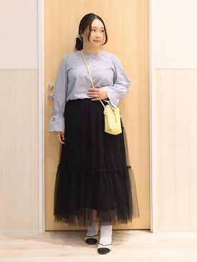 「DRESKIP（ドレスキップ）の【S-LL/前後2WAY/洗濯後しわになりにくい】お袖刺繍レースブラウス（シャツ/ブラウス、ブルー系）」を使った、みみさん（レディース・158cm）の春コーディネート
