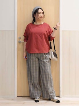 「DRESKIP（ドレスキップ）の【高レビュー/洗濯後しわになりにくい】1枚でサマ見え 8分袖ドルマンブラウス（シャツ/ブラウス、レッド系）」を使った、みみさん（レディース・158cm）の秋コーディネート