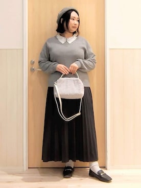 「DRESKIP（ドレスキップ）の【襟取り外し可/S-LL】上品見え レース襟ニット（ニット/セーター、グレー系）」を使った、みみさん（レディース・158cm）の秋コーディネート