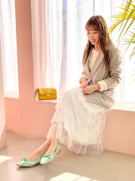 「アイテム（バレエシューズ、グリーン系）」を使った、momo🍑さん（レディース・157cm）の春コーディネート