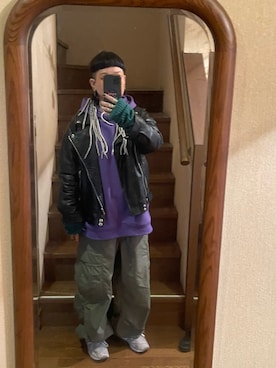 「no brand（ノーブランド）のアイテム（ライダースジャケット）」を使った、nekonekomaiさん（レディース・156cm）の冬コーディネート
