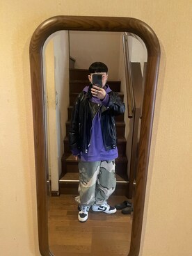 「no brand（ノーブランド）のアイテム（ライダースジャケット）」を使った、nekonekomaiさん（レディース・156cm）の冬コーディネート