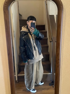 「no brand（ノーブランド）のアイテム（ライダースジャケット）」を使った、nekonekomaiさん（レディース・156cm）の秋コーディネート