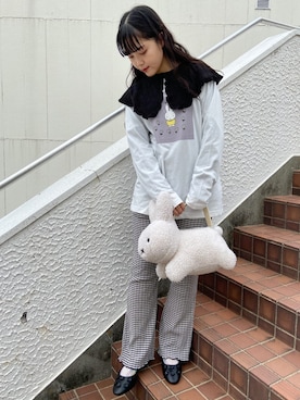 「merry jenny（メリージェニー）のギャザーギンガムフレアパンツ（その他パンツ）」を使った、ayakaさん（レディース・156cm）の夏コーディネート