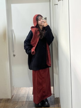 「JEANASIS（ジーナシス）のフードツキニットストール/599045（ストール/ショール）」を使った、みさみささん（レディース・153cm）の秋コーディネート