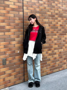 「JEANASIS（ジーナシス）のダンボールBIGフードブルゾン/638699（ブルゾン、ブラック系）」を使った、みさみささん（レディース・153cm）の春コーディネート