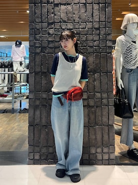 「JEANASIS（ジーナシス）の3カラーレイヤードヘンリー2P SS/1023352（Tシャツ/カットソー、ブルー系）」を使った、みさみささん（レディース・153cm）の夏コーディネート