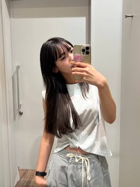 「JEANASIS（ジーナシス）の【接触冷感】コットンテンジクツイストNS（Tシャツ/カットソー、グレー系）」を使った、みさみささん（レディース・153cm）の夏コーディネート