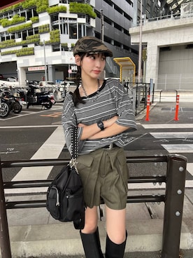 「JEANASIS（ジーナシス）のチェーンハンドルキンチャクBAG/1023355（ショルダーバッグ、ブラック系）」を使った、みさみささん（レディース・153cm）の夏コーディネート
