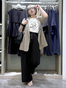 「GLOBAL WORK（グローバルワーク）のフレンチリネンワイドパンツ/600996（その他パンツ、ブラック系）」を使った、gwtoiさん（レディース・159cm）の夏コーディネート