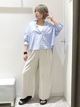 「GLOBAL WORK（グローバルワーク）のフレンチリネンワイドパンツ/600996（その他パンツ、ベージュ系）」を使った、gwtoiさん（レディース・159cm）の夏コーディネート