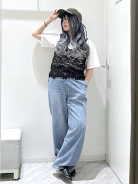 「GLOBAL WORK（グローバルワーク）のGOODデニムイージーパンツ/COOL/636569（デニムパンツ、ブルー系）」を使った、gwtoiさん（レディース・159cm）の夏コーディネート