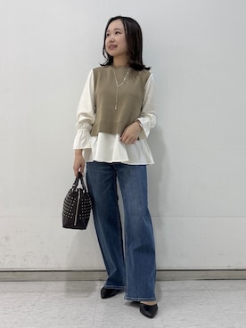 「INDIVI（インディヴィ）の【洗える／1枚でコーデ完成】重ね着風ニットトップス（Tシャツ/カットソー、ベージュ系）」を使った、kahoさん（レディース・144cm）の秋コーディネート