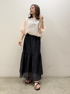「INDIVI（インディヴィ）の【華奢見え】ジャカード ドルマントップス（Tシャツ/カットソー、ピンク系）」を使った、kahoさん（レディース・144cm）の夏コーディネート