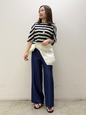 「INDIVI（インディヴィ）の【体型カバー】ボーダードルマントップス（Tシャツ/カットソー、ブルー系）」を使った、kahoさん（レディース・144cm）の夏コーディネート