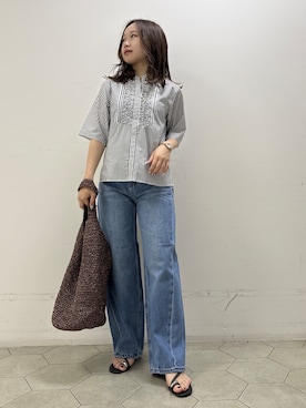 「INDIVI（インディヴィ）の【接触冷感／5分袖】フリルタックブラウス（シャツ/ブラウス、ブラック系）」を使った、kahoさん（レディース・144cm）の夏コーディネート