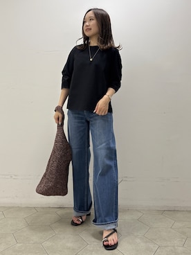「INDIVI（インディヴィ）の【撥水／UVケア】ねじり袖サッカートップス（Tシャツ/カットソー、ブラック系）」を使った、kahoさん（レディース・144cm）の夏コーディネート