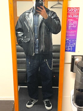 「アイテム（ライダースジャケット）」を使った、minetoraさん（メンズ・171cm）の秋コーディネート