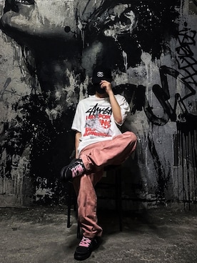 「STUSSY（ステューシー）のアイテム（Tシャツ/カットソー、ホワイト系）」を使った、CHdogさん（メンズ・177cm）の春コーディネート