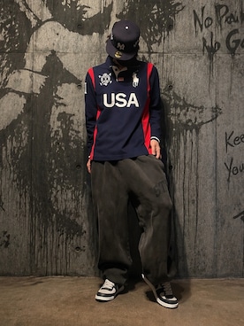 「STUSSY（ステューシー）のアイテム（スウェットパンツ、ブラック系）」を使った、CHdogさん（メンズ・177cm）の春コーディネート