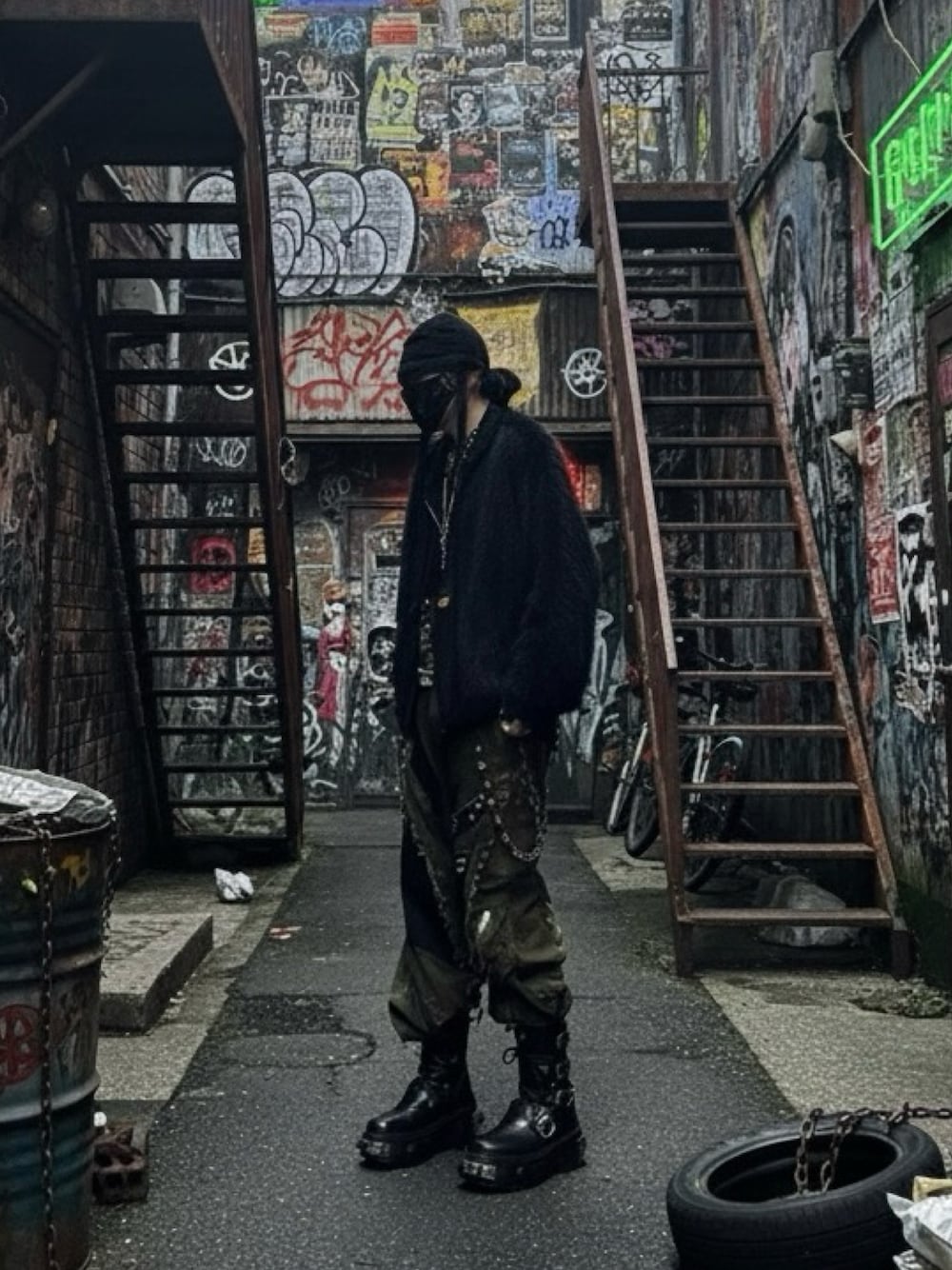 ブラック系のブーツ、グリーン系のカーゴパンツを着用したメンズの冬コーディネートの1枚目の写真