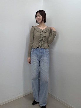 「A part by（アパートバイ）のブークレフリルニットカーディガン（ニット/セーター、ブラウン系）」を使った、なつみさん（レディース・162cm）の秋コーディネート