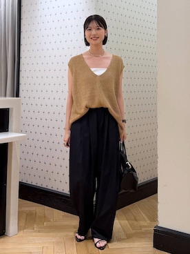 「A part by（アパートバイ）の≪追加2≫ペーパーユルニットノースリーブ（Knitwear、イエロー系）」を使った、なつみさん（レディース・162cm）の夏コーディネート