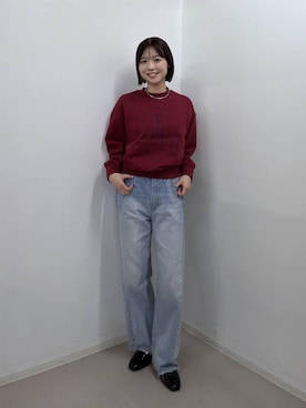 「A part by（アパートバイ）の【LA FINE BOUCHEコラボ】ロゴショートスウェット（スウェット、レッド系）」を使った、なつみさん（レディース・162cm）の秋コーディネート