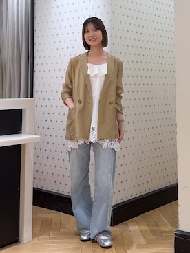 「A part by（アパートバイ）の≪追加3≫シアーWジャケット（テーラードジャケット、ベージュ系）」を使った、なつみさん（レディース・162cm）の春コーディネート