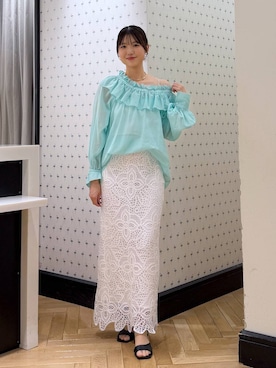 「A part by（アパートバイ）のオフショルブラウス（シャツ/ブラウス、グリーン系）」を使った、なつみさん（レディース・162cm）の春コーディネート