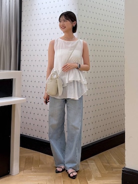 「A part by（アパートバイ）のApbカーブデニムパンツ（Denim pants、ブルー系）」を使った、なつみさん（レディース・162cm）の夏コーディネート