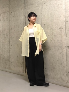 「KBF（ケイビーエフ）のシアーストライプBIGシャツ（シャツ/ブラウス、イエロー系）」を使った、mamiさん（レディース・153cm）の春コーディネート