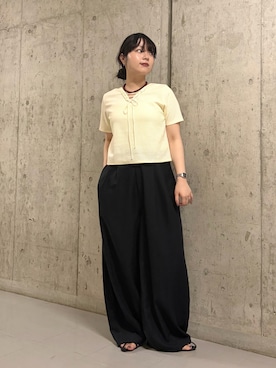「KBF（ケイビーエフ）のリネンミックスWIDEコクーンパンツ（その他パンツ、ブルー系）」を使った、mamiさん（レディース・153cm）の夏コーディネート