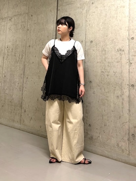 「KBF（ケイビーエフ）の『一部WEB限定カラー』ヴィンテージライクレースキャミソール（キャミソール、ブラック系）」を使った、mamiさん（レディース・153cm）の春コーディネート