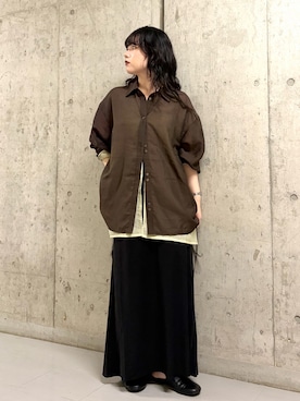 「KBF（ケイビーエフ）のシアーストライプレイヤードシャツ（シャツ/ブラウス、ブラウン系）」を使った、mamiさん（レディース・153cm）の夏コーディネート