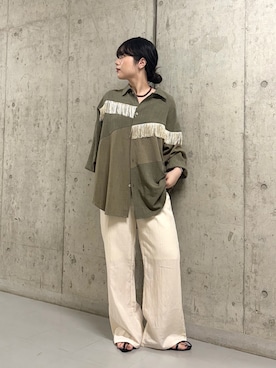 「KBF（ケイビーエフ）のSiltrata　Fringe pattern shirts（シャツ/ブラウス、グリーン系）」を使った、mamiさん（レディース・153cm）の夏コーディネート