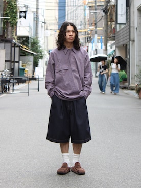「Marvine Pontiak shirt makers（マービンポンティアックシャツメーカーズ）のMarvine Pontiak / マービンポンティアックシャツメーカーズ Twist P/O Gingham（シャツ/ブラウス、ブルー系）」を使った、鈴木 健心さん（メンズ・176cm）の夏コーディネート