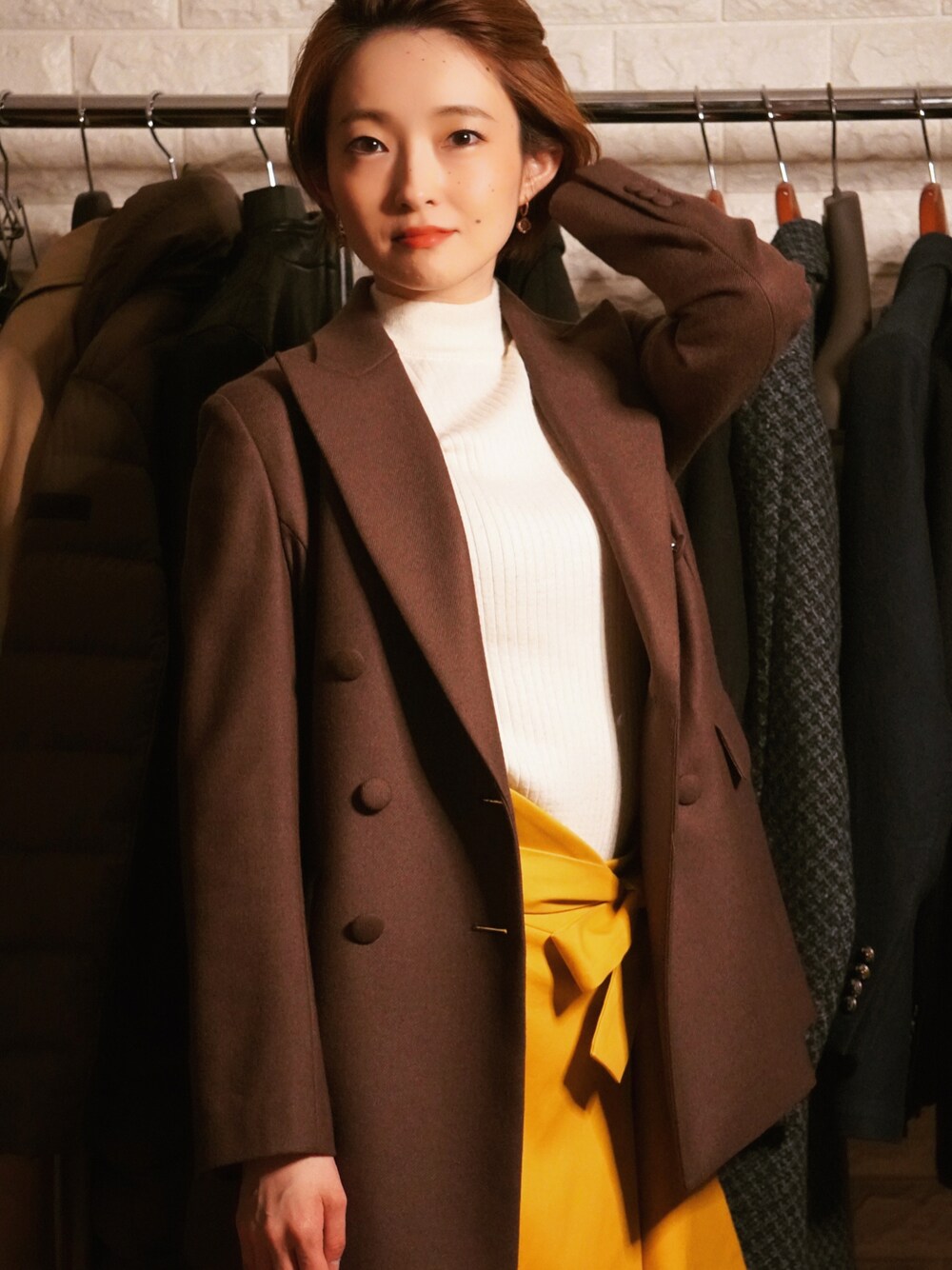 「休日コーデ、お洒落さんとつながりたい、秋色、秋コーデ、秋服準備はじめました、ジャケット、ジャケットコーデ、united arrows、巻きスカート、ブラウンコーデ、ブラウン色に染まれ、ショートヘア、ニットコーデ、モックネック、リボン」｜「YUUGAのYUUGA レディース 6B ダブルブレスト テーラードジャケット セットアップ weaners wool collection 20-10-SU-01（テーラードジャケット、ブラウン系）」を使った、Hanae - YUUGAさん（レディース・160cm）の夏コーディネートの1枚目の写真
