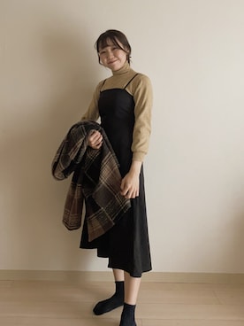 「キャミワンピ」｜「アイテム（チェスターコート）」を使った、しろまめさん（レディース・154cm）の冬コーディネート