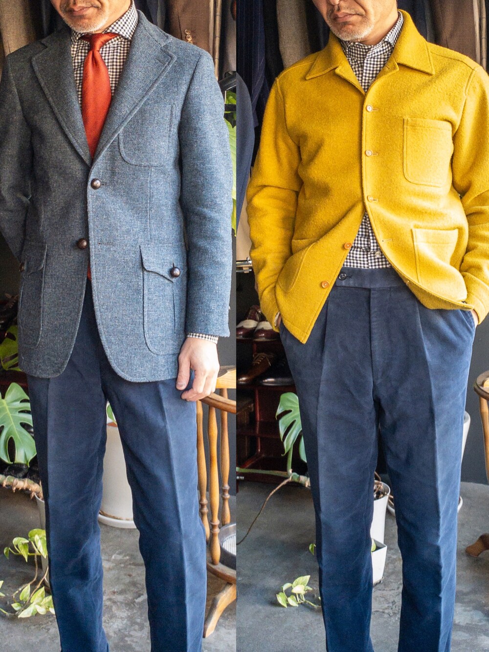 「フィボナッチ紳士洋品店、40代ファッション、ビジネススタイル、ビジネスカジュアル、秋冬コーデ、ツイードジャケット、ユーロワークジャケット、モールスキンパンツ、チェックシャツ、タイドアップ、きれいめカジュアル」｜「Fibonacciのアイテム（スラックス、ブルー系）」を使った、郷間 裕さん（メンズ・170cm）の秋コーディネートの1枚目の写真