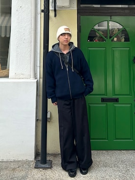 「アイテム（ニットキャップ/ビーニー、ホワイト系）」を使った、レンタロウさん（メンズ・175cm）の冬コーディネート