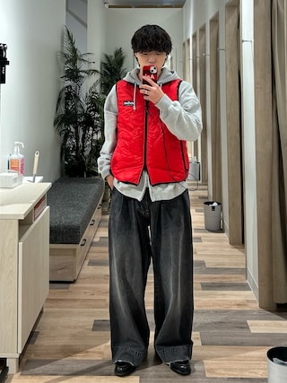 「soerte（ソエルテ）のWide buggy vintage like denim pants " Mud dyeing / Washed "/ワイドバギーヴィンテージライクデニムパンツ（デニムパンツ）」を使った、レンタロウさん（メンズ・175cm）の冬コーディネート