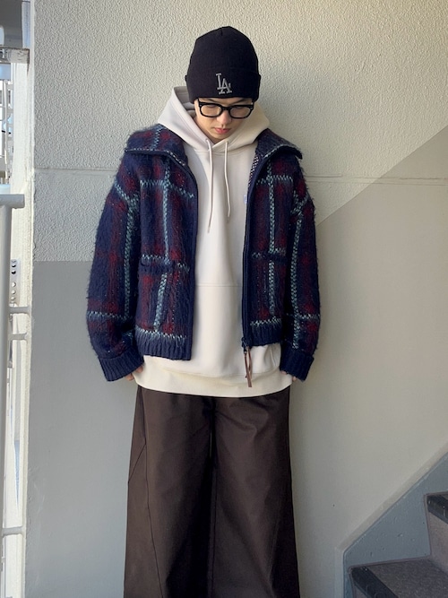 セール】brushed check drivers knit jacket / 起毛加工チェック