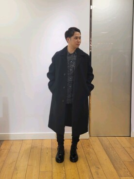 「ALLSAINTS（オールセインツ）のDERBY COAT | DERBY コート（チェスターコート、ブラック系）」を使った、Naoya 〈相互フォロー〉さん（メンズ・168cm）の秋コーディネート